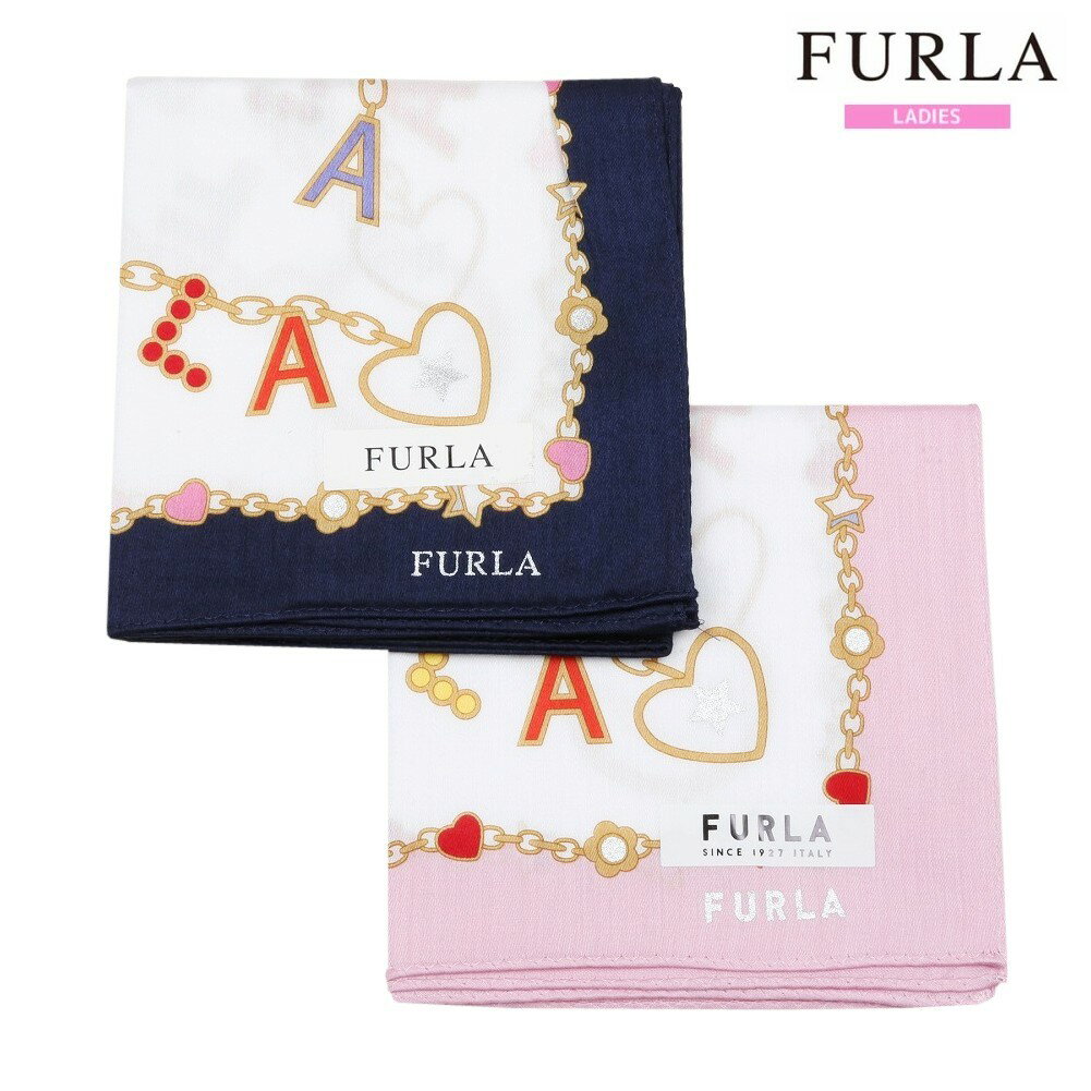 フルラ ハンカチ レディース フルラ ハンカチ 2枚セット FURLA レディース ブランド ギフト プレゼント 日本製 ロゴチェーン プリント コットン 紺×ピンク 24/4/4 260424【ネコポスで送料無料】