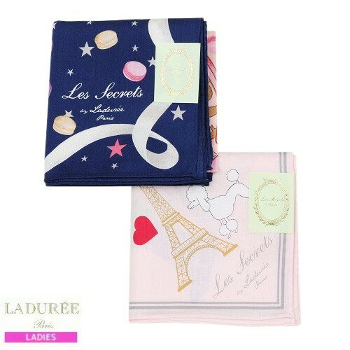 Les Secrets LADUREE ラデュレ 日本製 プリント コットン 大判ハンカチ 2枚セット 紺×ピンク 22/12/3 151222【ネコポスで送料無料】