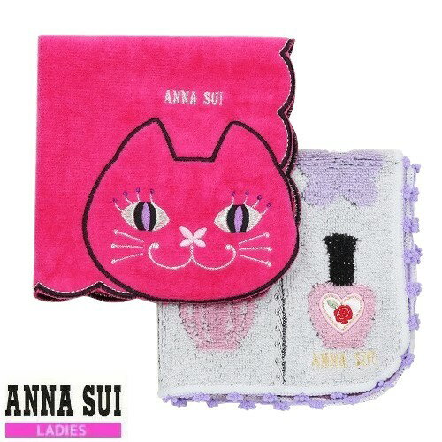 ANNA SUI アナスイ 猫モチーフ / ネイル柄 タオルハンカチ 2枚セット ピンク×白 23/2/2 090223【ネコポスで送料無料】のサムネイル