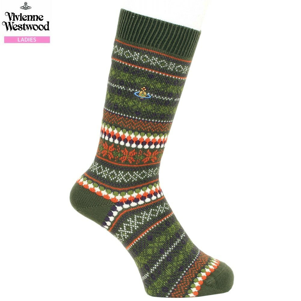 ヴィヴィアンウエストウッド 靴下 Vivienne Westwood レディース ブランド ギフト プレゼント 日本製 カラーORB刺繍 FAIRISLE クルーソックス カーキ 25/1/2 090125【ネコポスで送料無料】
