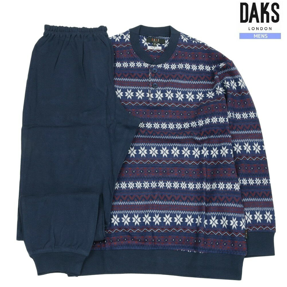 商品名 日本製 ネイティブ柄 ヘンリーネック 紳士 パジャマ 長袖 長ズボンブランドDAKS生産国日本サイズ表記サイズーM(チェスト88〜96 身長165〜175 ウエスト76〜84) 実寸ー着丈71cm　脇下幅54cm　ウエスト68cm〜(※ゴム仕様)　股上32.5cm　股下70cm 表記サイズーL(チェスト96〜104 身長175〜185 ウエスト84〜94) 実寸ー着丈75cm　脇下幅58cm　ウエスト73cm〜(※ゴム仕様)　股上33cm　股下72cm ※多少の誤差はご了承下さい。素材綿100% (リブ部分)：綿95%　ポリウレタン5%カラーネイビー系 【モニターの環境によって色が異なる場合があります】コンディション新品未使用・紙タグあり。 ※保管上の軽度な汚れがある場合はご了承下さい。 メーカー希望小売価格はメーカー商品タグに基づいて掲載しています.