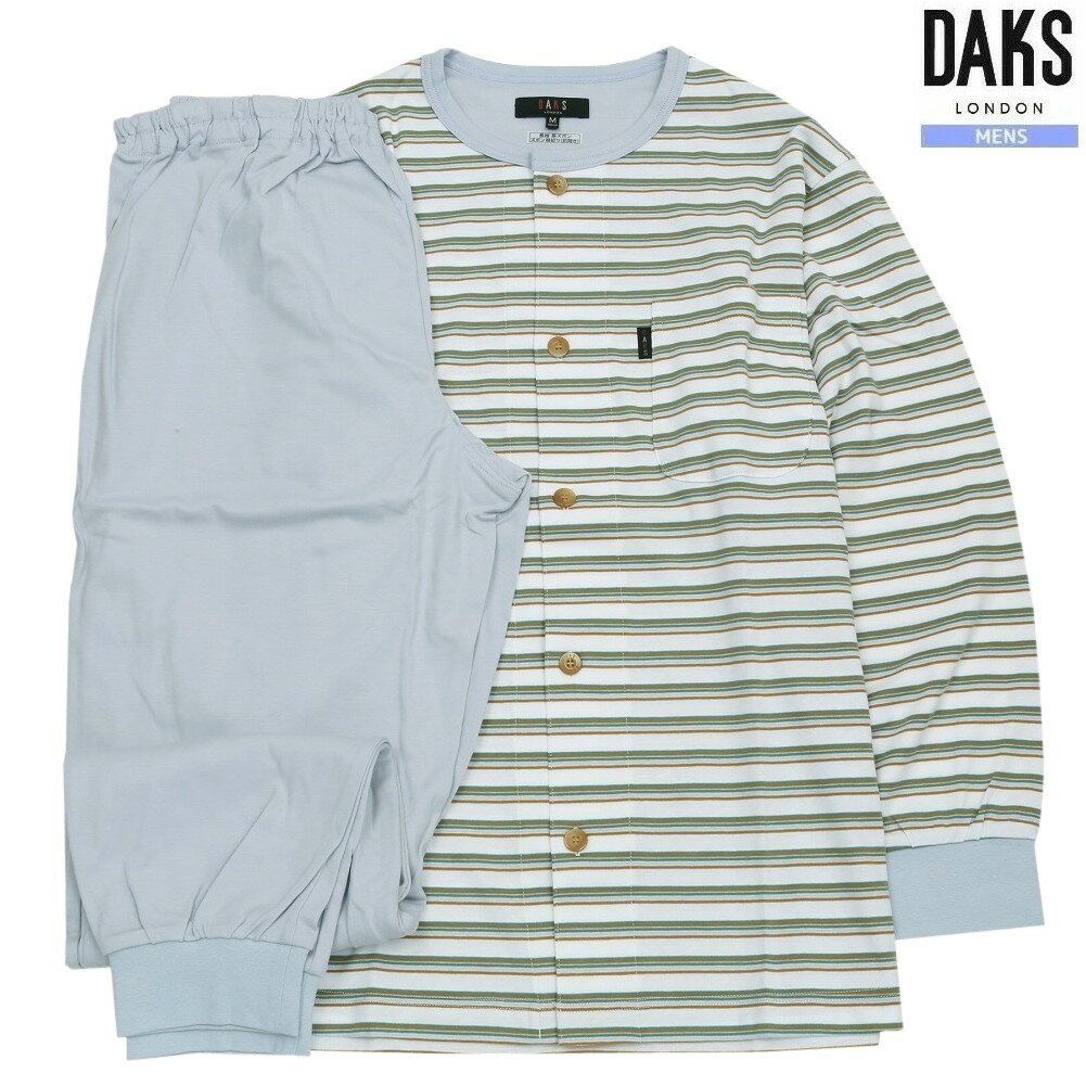商品名 日本製 ソフトスムース ボーダー 前開き 紳士 パジャマ 長袖 長ズボンブランドDAKS生産国日本サイズ表記サイズーM(チェスト88〜96 身長165〜175 ウエスト76〜84) 実寸ー着丈71cm　脇下幅55.5cm　ウエスト67cm〜(※ゴム仕様)　股下73cm ※多少の誤差はご了承下さい。素材綿100% リブ部分：綿95%　ポリウレタン5%カラーグリーン系 【モニターの環境によって色が異なる場合があります】コンディション新品未使用・紙タグあり。 ※保管上の軽度な汚れがある場合はご了承下さい。 メーカー希望小売価格はメーカー商品タグに基づいて掲載しています.