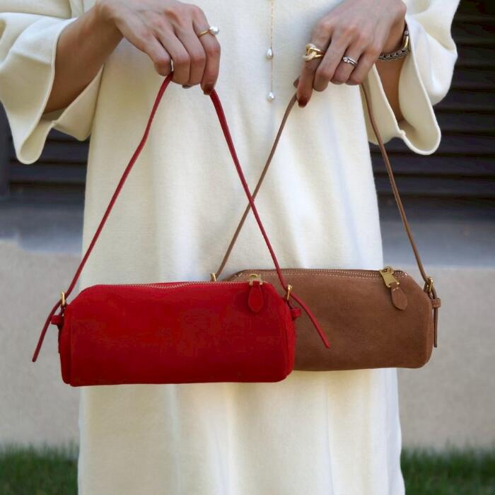 Anew ELan 本革スエードバッグ 女性 バッグ スウェード レッド/キャメル...