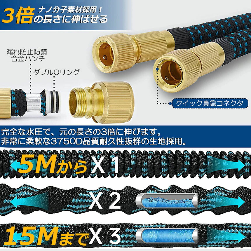 ホース 散水ホース 2個セット ホースリール 伸縮ホース 伸びるホース 洗車ホース 1...