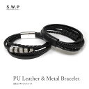 メンズ ブレスレット 4重 バングル 編み込み ブラック シルバー PU レザー 合皮 メタル 合金 多重 アクセサリー アメカジ 男性(4)