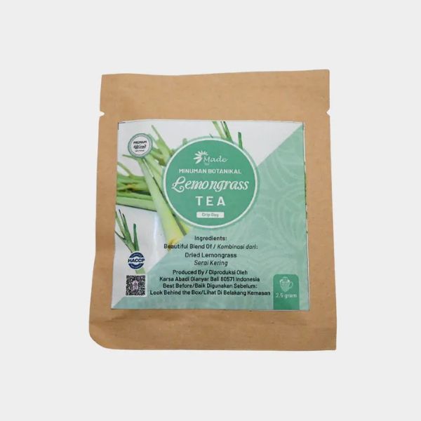 ・Made Teaについて バリ島の自社農園、および契約農園で丁寧に育てられてた植物のみを使用。 バリ島で伝統的に使われてきた植物をメインにブレンドした 植物の力を引き出すMade Teaオリジナルのハーブティーです。 レモングラスのみを使用した、香り豊かなハーブティーです。 すっきりとした柑橘のような風味と、やさしい飲み心地をお楽しみいただけます。 はちみつを加えても美味しいです。 添加物・保存料は使用しておりません。 インドネシア産レモングラスを丁寧に乾燥させた、100％ピュアなハーブティーです。 一日の終わりのリラックスタイムや、気分を切り替えたいときにおすすめです。 【使用方法】 ティーバッグの中身を下に寄せてから、ミシンの目に沿って開けカップにセットします。 カップに熱湯を注ぎます。（茶葉がお湯に浸るように） 2〜3分蒸らしたら出来上がりです。 カフェイン：含まれておりません 【商品情報】 内容量：ティーバッグ1袋 2.5g 原材料：レモングラス 製造国・地域：インドネシア　バリ島 保存方法：直射日光、高温多湿を避け、密閉した状態で保存してください。