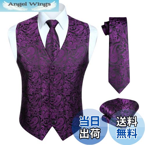 【送料無料】[HISDERN] フォーマルベスト ネクタイ チーフ セット メンズ ビジネス スーツ ベスト スリム フィット Vネック 尾錠付き 結婚式ベスト パープル 紫色 紳士 礼服 ブランド M