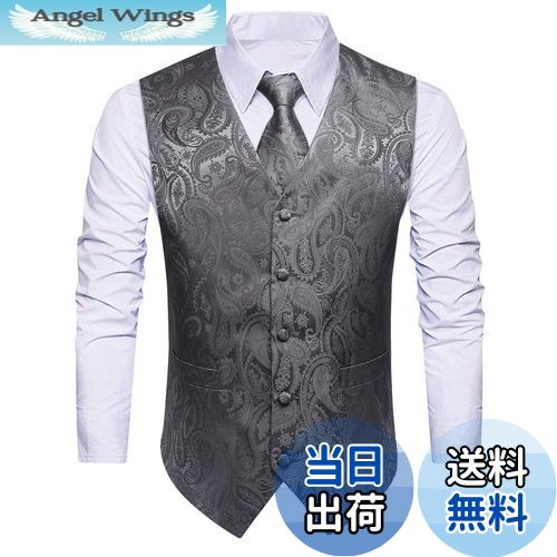 【送料無料】[HISDERN] グレー スーツ ベスト メンズ フォーマル 柄ベスト ジレ ネクタイ チーフ 3点セット 2ポケット Vネック タキシード 結婚式ベスト 紳士礼服 M