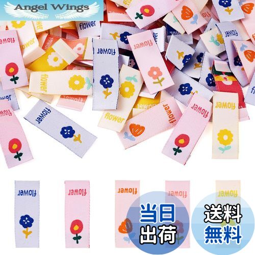 【送料無料】Beadthoven 約100枚入り 刺繍タグ 縫製ラベル 花柄 フラワー 矩形 布タグ タグラミネート..