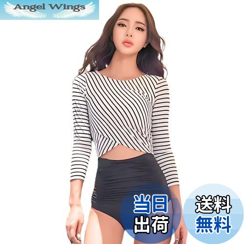 【送料無料】[SwimStar] レディース 水着 体型カバー ビキニ セパレート 2点セット 水着 長袖 UVカット ハイウエスト ストライプ柄 大人可愛い きれいめ 韓国 泳衣 温泉 海水浴 スイムウェア 色：ボーダー柄、サイズ：M