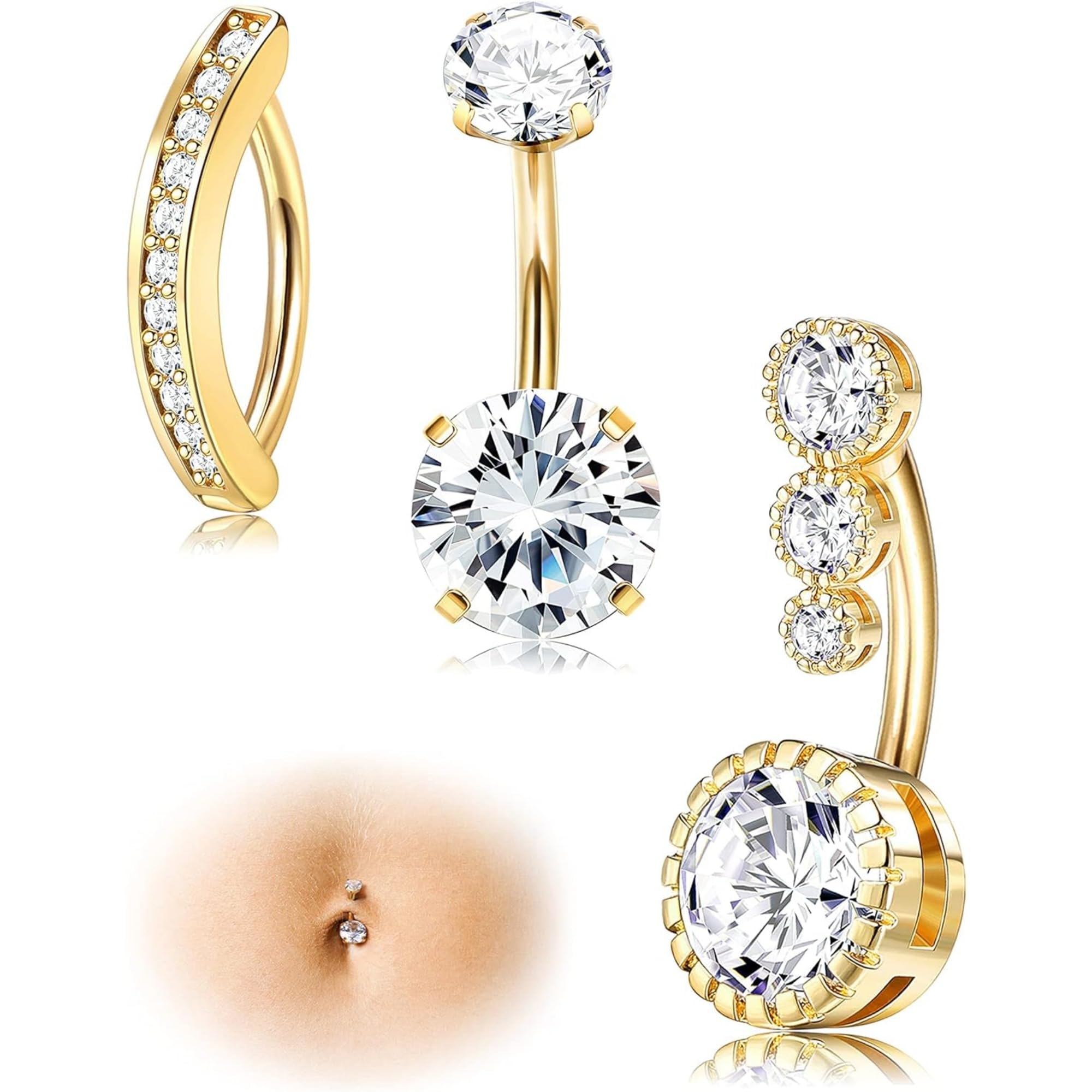 【送料無料】[Jstyle] 3点 へそ ピアス レディース 14g 女性 316L サージカルスチール ベリーバー CZ オパール シンプル リバース へそバー へそ ピアス ボディピアス 色：ゴールド