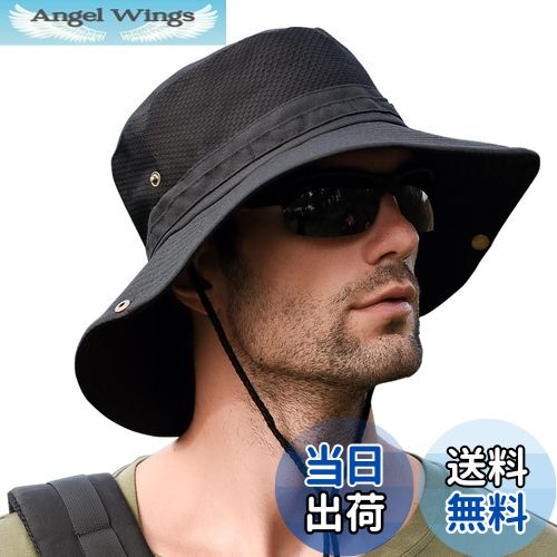 【送料無料】[KELEVO] サファリハット メンズ【メッシュ通気構造 折り畳み UVカット】帽子 日焼け 速乾性 軽量 防風 つば広 ひも付き 釣り 登山 ハイキング ゴルフ スポーツ ハット (＃01.ブラック)