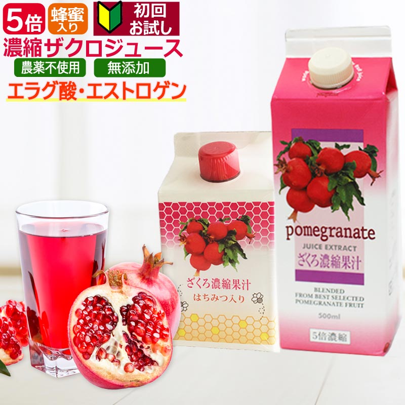 お試しザクロジュース 飲み比べセット 約2ケ月分 イラン産ざくろ濃縮果汁 紙パック 500ml 5倍濃縮ザクロジュース1本＋はちみつ入り濃縮ザクロジュース1本 農薬不使用の完熟ざくろをギューっと濃縮！