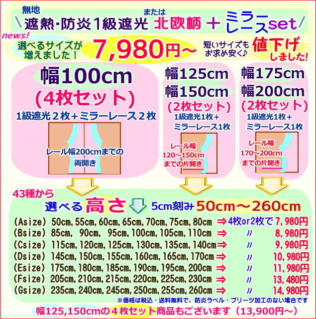 【172サイズ/高さ5cm刻み】カーテン 4枚セット 防炎・遮熱・1級遮光+ミラーレース4...