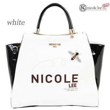 数量限定!NICOLE LEE ニコールリー P14040 レディース ポップロゴ ハンドバッグ エナメル ミツバチ刺繍 トートバッグ ショルダー ビーガンレザー 仕事 バッグ ヴィーガン 底鋲 大きめ 人気 おしゃれ ママ ブランド バック 30代 40代 20代 バイカラー