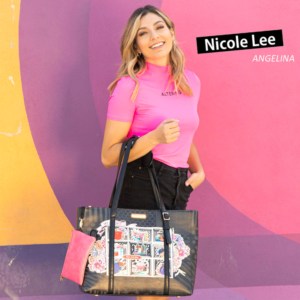 数量限定！NICOLE LEE ニコールリー PRT15201 MY CLOSET レディース プリティーガール ビッグトートバッグ ボストンバッグ ショルダーパッド ビーガンレザー ヴィーガン 人気 底鋲 フラワー ママ ブランド バック 30代 40代 20代 花柄 ブラック pc