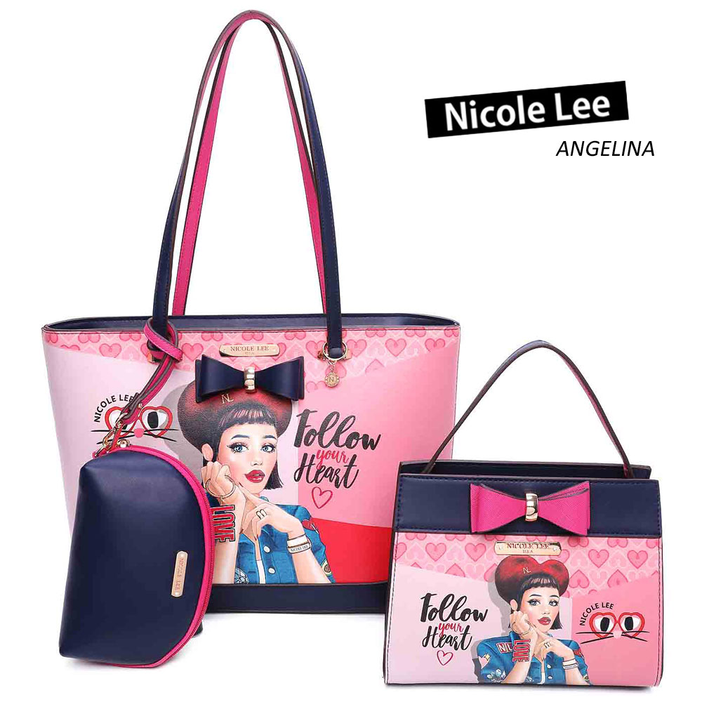 ニコールリー 数量限定！ NICOLE LEE ニコールリー SET16044 レディース 3点セット トートバッグ＋スモールバッグ＋マルチポーチ DAISY TAKES LOVE ビーガンレザー ヴィーガン 人気 おしゃれ ブランド バック 30代 40代 20代 猫 ハート ピンクSDGsサスティナブル50代60代　ニコルリー