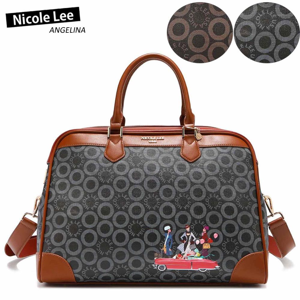 数量限定！NICOLE LEE ニコールリー SW16302 SMALL WORLD BLACK BROWN レディース モノグラム ボストンバッグ 旅行 大きめ ショルダー ビーガンレザー ヴィーガン 30代 40代 20代 ニコルリー アンティーク ビンテージ SDGs 海外　50代 60代 軽い 軽量