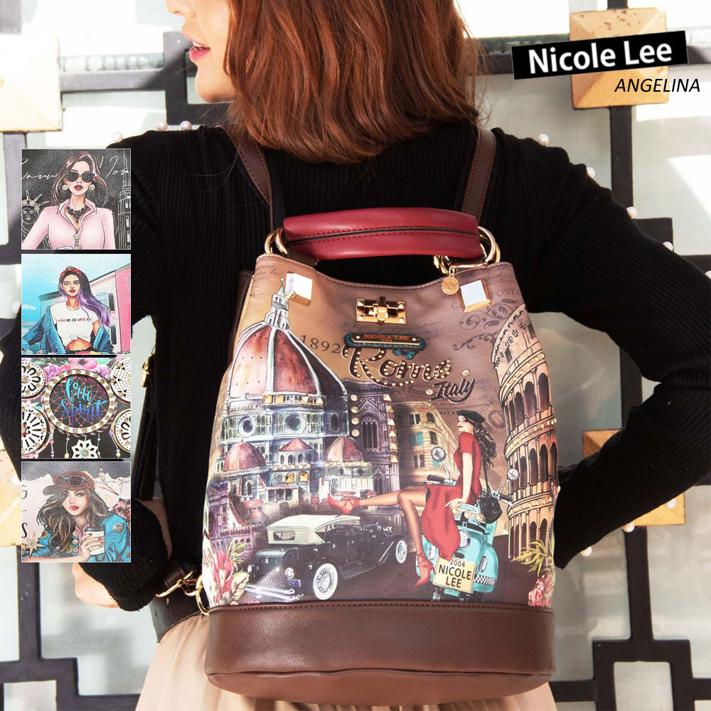 数量限定！NICOLE LEE ニコールリー PRT16289 レディース クラシカル リュック ビーガンレザー ヴィーガン 30代 40代 20代 春夏秋冬 ニコルリー グレー ブラウン SDGs サステナブル Sustainable ガールプリント アンティーク ショルダーバッグ 50代 60代 軽い 軽量