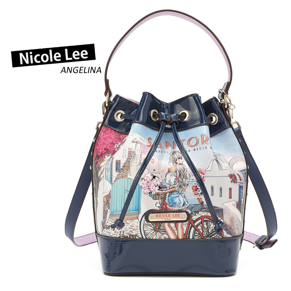 数量限定 NICOLE LEE ニコールリー SH16490 STAIRWAY TO HEAVEN レディース 巾着ハンドバッグ ビジュー サントリーニ島 春夏秋冬 ビーガンレザー ヴィーガン 人気 30代 40代 20代 サステナブル SDGs エーゲ海 ブーケ スパンコールフラワー ネイビー