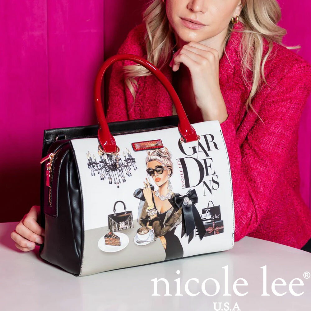 国内残り2個　2024 新作 NICOLE LEE ニコールリー LIB16901 LADY IN BLACK SATCHEL ニコル リー リッチ ボストン ハンドバッグ ショルダー ビーガンレザー 公式 2WAY ラインストーン ブラック パール ダイヤモンドビジュー ラインストーン リボン 大容量 モノトーン