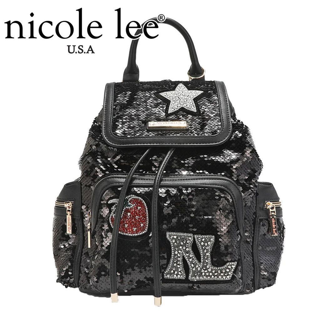 ニコールリー 2024 新作 数量限定 NICOLE LEE ニコールリー SEQ16944 SEQUIN PATCH BACKPACK レディース スパンコール バックパック リュックサック 15L ワッペン ポップロゴショルダー エレガント ゴージャス 海外ブランド バック ニコルリー キラキラ パール ビーズ ブラック