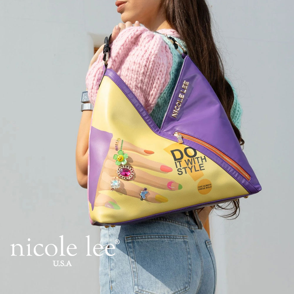2025新作 数量限定 NICOLE LEE ニコールリー NP17243 NAIL POLISH ネイルポリッシュ ホーボーバッグ ハンドバッグ ロゴショルダー パステルカラー ビーガンレザー 30代 40代 20代 50代 通勤通学 宝石ビジュー 指輪 カラーストーン イエロー フラワー にこちゃん V字バッグ