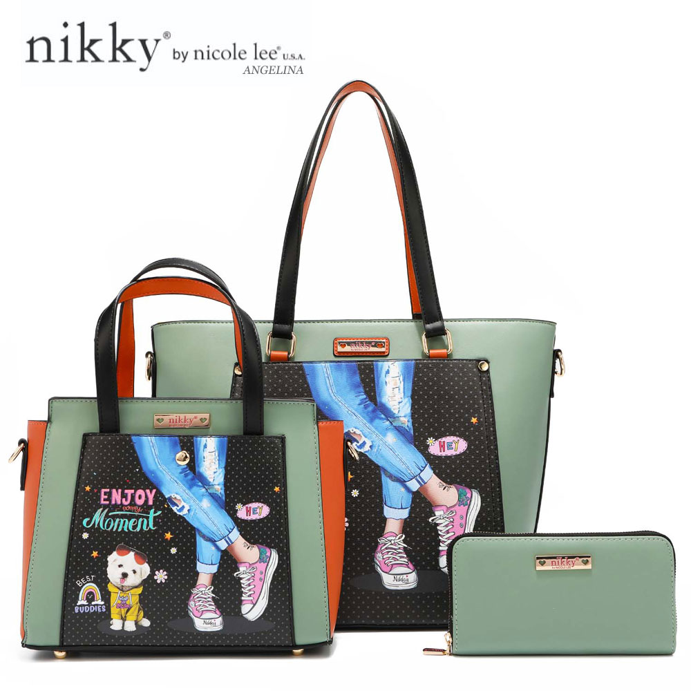 ニコールリー 数量限定　 Nikky by nicole lee（ニッキー）NK12364 レディース 3点セット トートバッグ＋スモールハンドバッグ＋ラウンドファスナー長財布 ショルダー ビーガンレザー 30代 40代 20代 春夏秋冬 ENJOY EVERY MOMENT SDGs サステナブル 50代 60代 カーキ インスタ