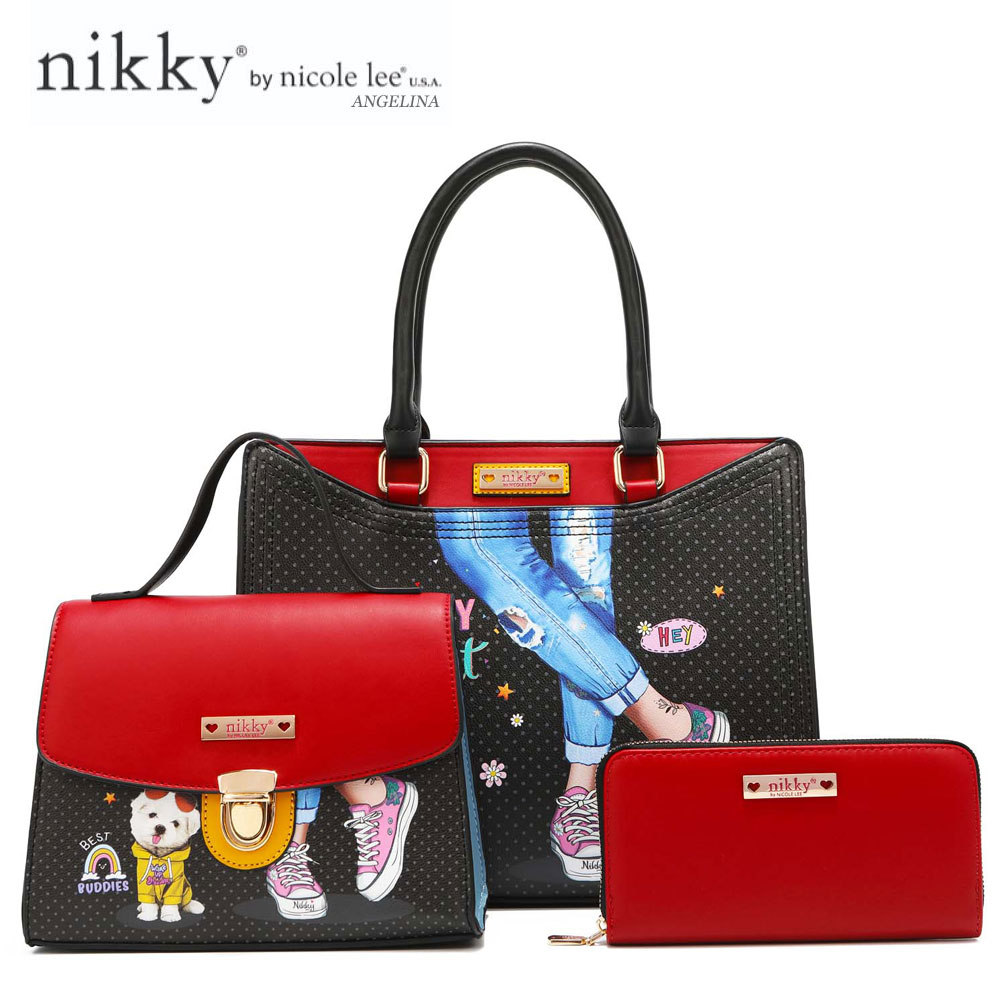 ニコールリー 数量限定！Nikky by nicole lee（ニッキー）NK12365 レディース 3点セット トートバッグ＋スモールハンドバッグ＋ラウンドファスナー長財布 ショルダー ビーガンレザー 30代 40代 20代 春夏秋冬 ENJOY EVERY MOMENT SDGs サステナブル 50代 60代 赤 黒 インスタ