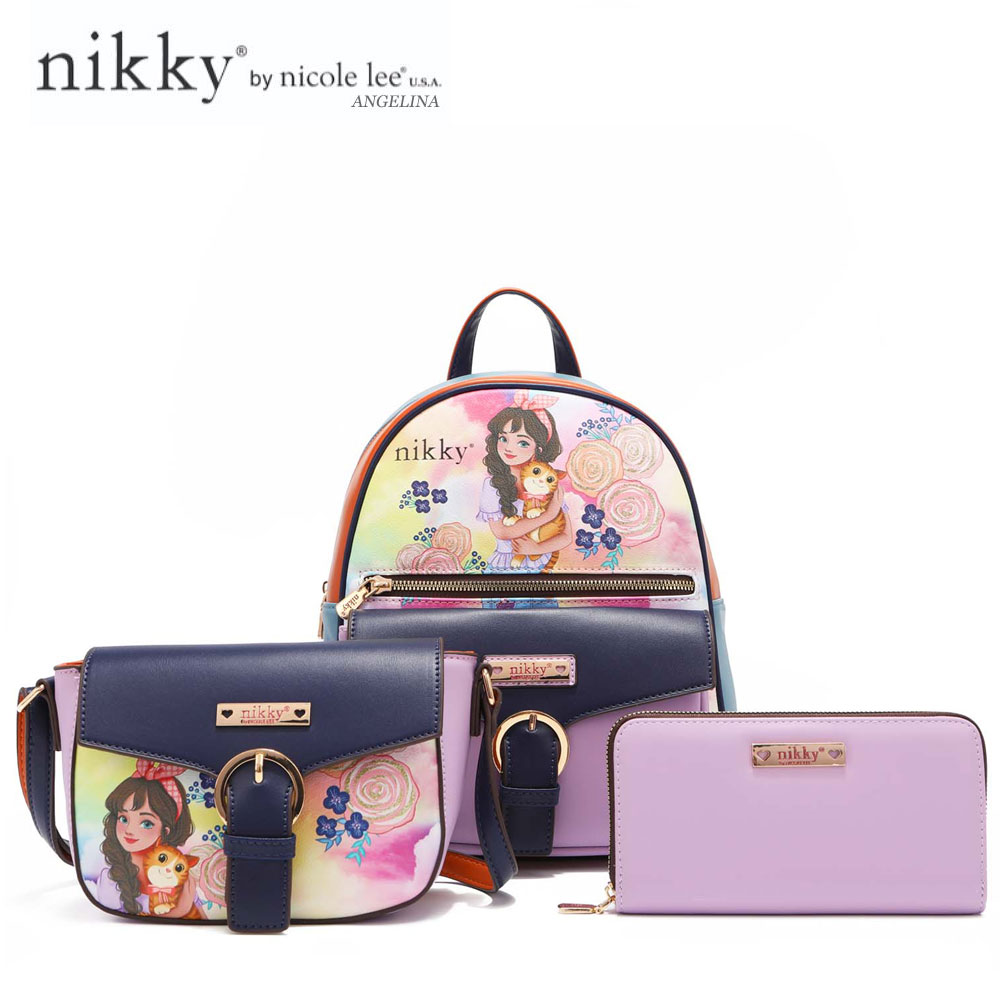 数量限定　 Nikky by nicole lee（ニッキー）NK12373 LOVELY CLARA レディース 3点セット リュックサック＋ショルダーバッグ＋ラウンドファスナー長財布 ビーガンレザー 30代 40代 20代 春夏秋冬 SDGs サステナブル パープル ローズ 猫ちゃん インスタ ラブリーピンク