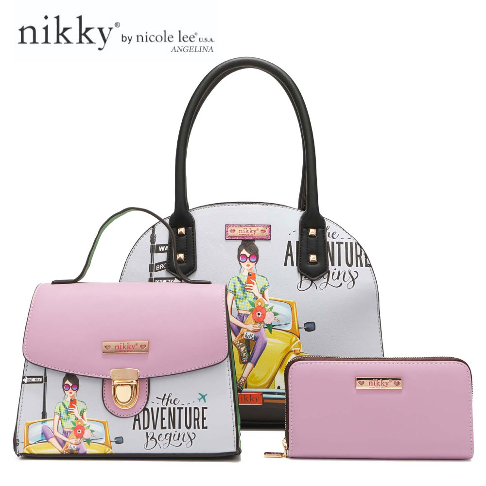 数量限定 Nikky by nicole lee(ニッキー)NK12378 FUN BEGINS レディース 3点セット ドーム型ボストンバッグ+ハンドバッグ+ラウンドファスナー長財布 ビーガンレザー 30代 40代 20代 春夏秋冬 サークルサングラス サステナブル ラベンダー 丸メガネ インスタ