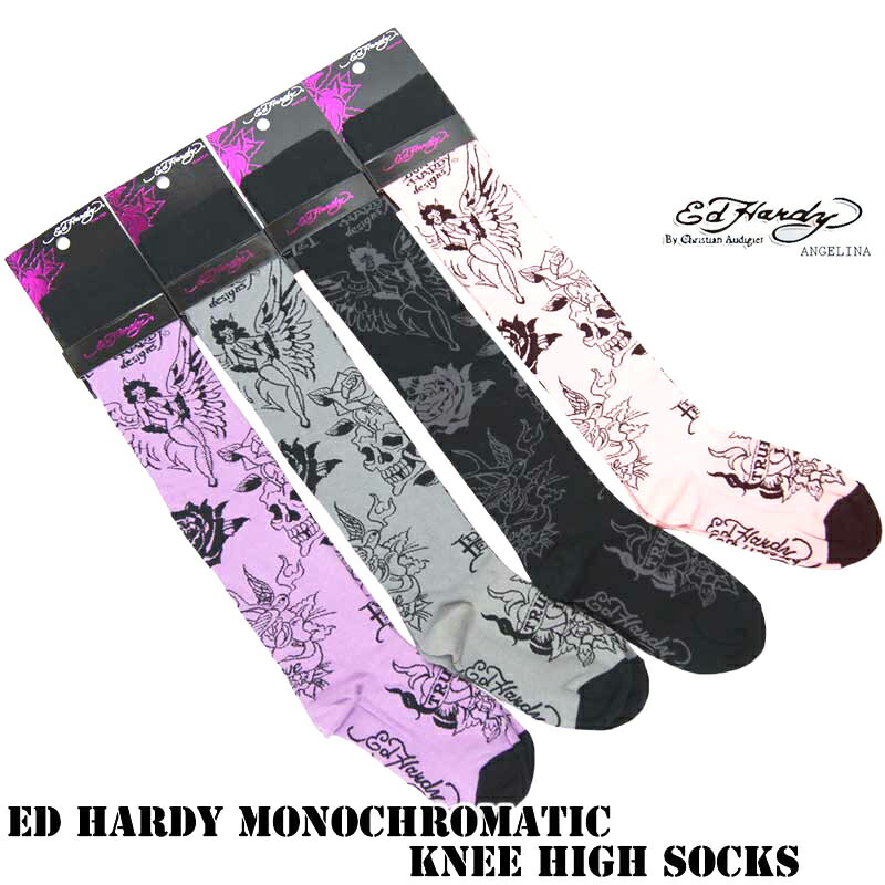 ニーハイソックス！エドハーディートゥルーラブ エドハーディ靴下（ED HARDY　エド・ハーディー MonochromaticCollageWomen'sKneeHighSocks EH02702KH　グレー　ピンク　ブラック　パープル靴下　本物エドハーディー　クリスチャンオードジェー）*es