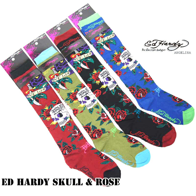 ニーハイソックス！エドハーディースカル＆ローズ　エドハーディ靴下（ED HARDY　エド・ハーディー Skull & Rose Women's Knee High Socks　EH02705KH　ブラック　オリーブ ネイビー レッド靴下　本物エドハーディー　クリスチャンオードジェー ）*es