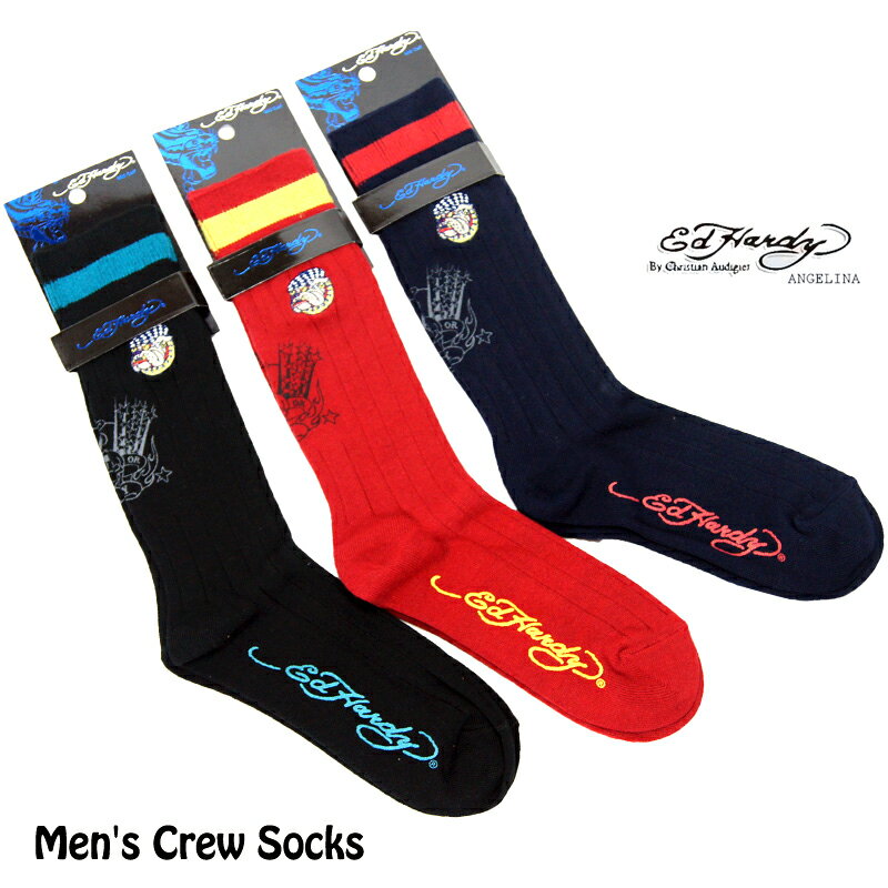 メンズハイソックス！エドハーディーブルドッグ　エドハーディ靴下（ED HARDY　エド・ハーディー Bulldog Men's Crew Socks　# EH02707CSブラック　レッド　ネイビー靴下　本物エドハーディー　クリスチャンオードジェー ）*es