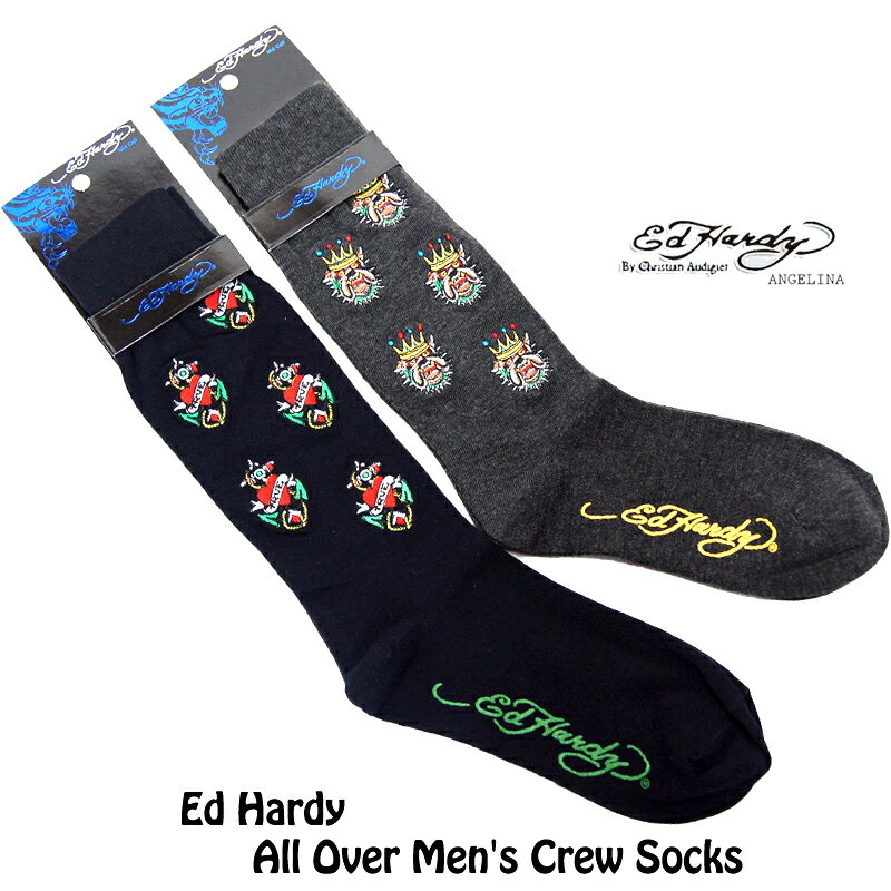 メンズハイソックス！エドハーディーブルドック＆ラブ　エドハーディ靴下（ED HARDY　エド・ハーディー Embroidered All Over Men's Crew Socks　# EH02709CS　ブラック　グレー靴下　本物エドハーディー　クリスチャンオードジェー ）*es