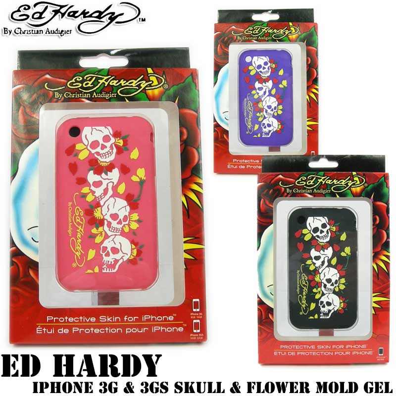 大切な携帯電話を守る！エドハーディー　スカル＆フラワータトゥー　iPhone　カバーエドハーディ（Ed Hardy iPhone 3G & 3GS Skull & Flower Mold Gel、エド・ハーディ紫、黒、ピンク、エドハーディー箱付き、クリスチャンオードジェー）【smtb-MS】