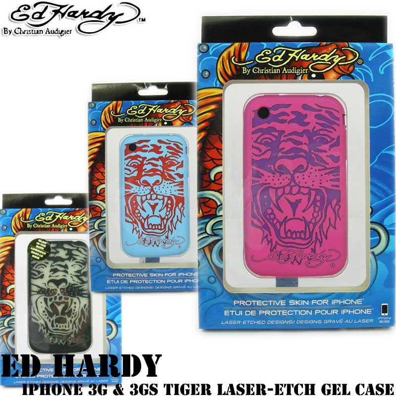 携帯キズ防止！エドハーディー　クラシックタイガータトゥー　エッチングデザイン　iPhone　カバーエドハーディ（Ed Hardy iPhone 3G & 3GS Tiger Laser-etch Gel Case、黒、ピンク、ブルー、銅版画、箱付き、クリスチャンオードジェー　本物エドハーディー【smtb-MS】