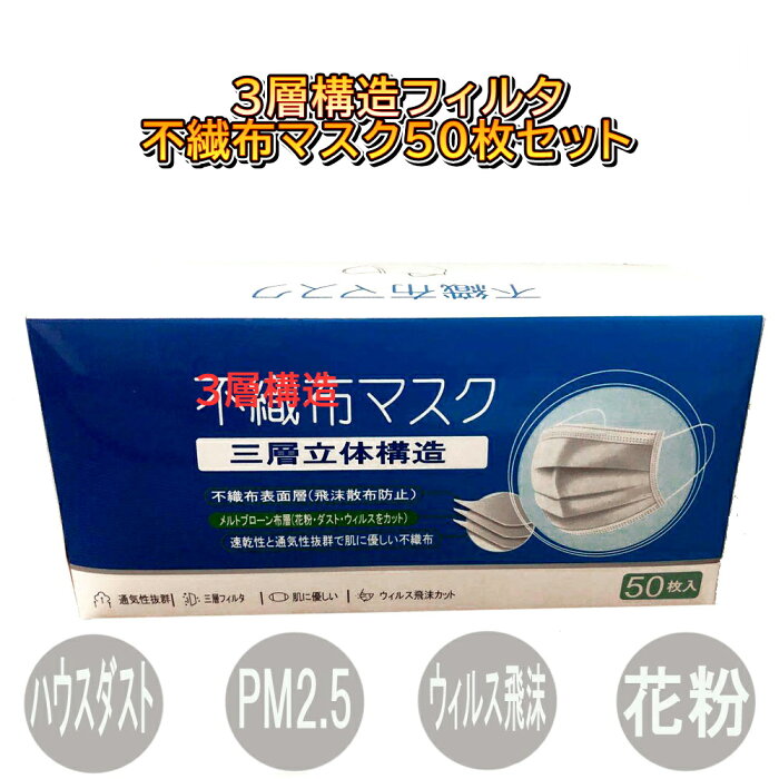 国内発送【あす楽対応/3個以上で送料無料】検査済み　3層立体構造　使い捨て　マスク　白　50枚　大人サイズ　化粧箱入り　不織布　使い捨てマスク 花粉 コロナ　ウィルス ハウスダスト マスク PM2.5　飛沫感染　風邪予防　日本語表記［100001］