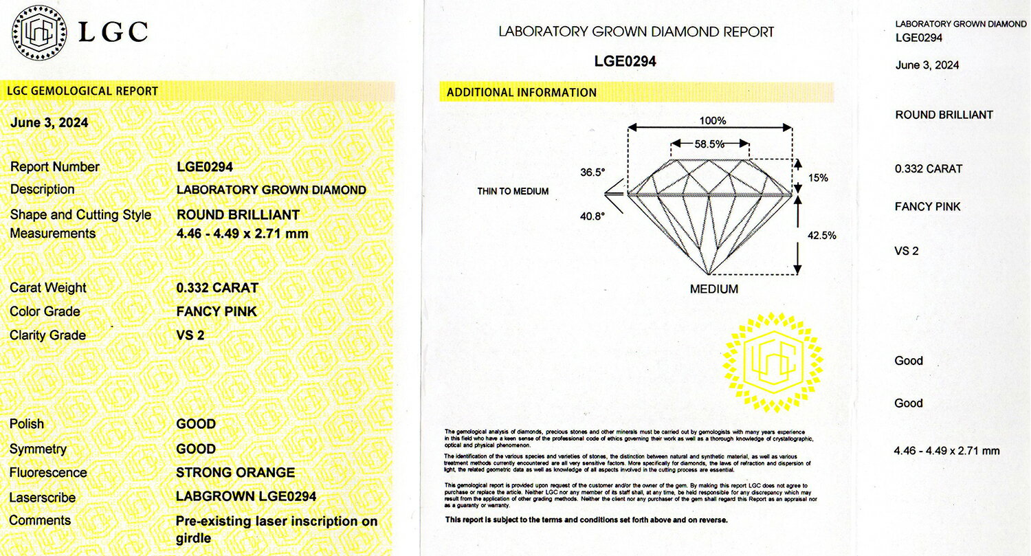 LGD ラボグロウン ピンクダイヤモンド ルース 0.332ct FANCY PINK-VS2 ( LGC鑑定書付 ) Lab-Grown Pink Diamondとても綺麗な桜色の品のある色味