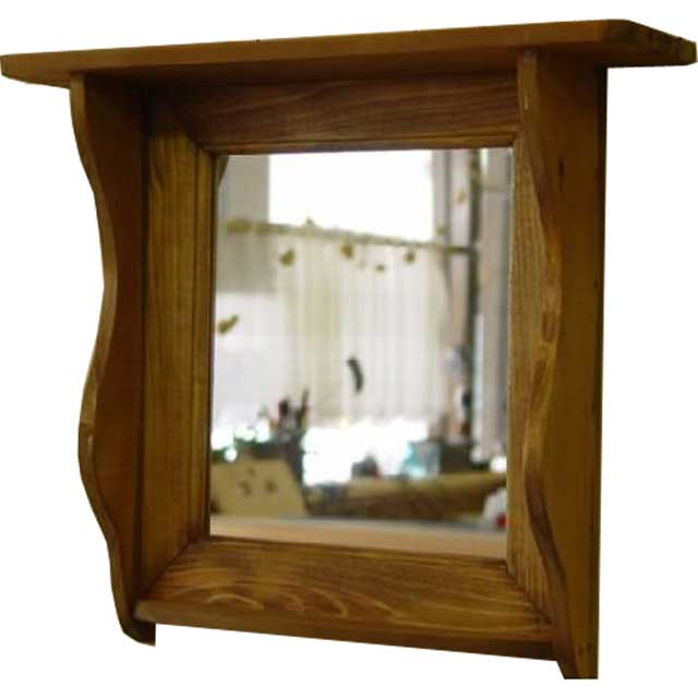 ミラーシェルフ アンティークブラウン w45d12h38cm 窓枠風 木製 ひのき ハンドメイド オーダーメイド