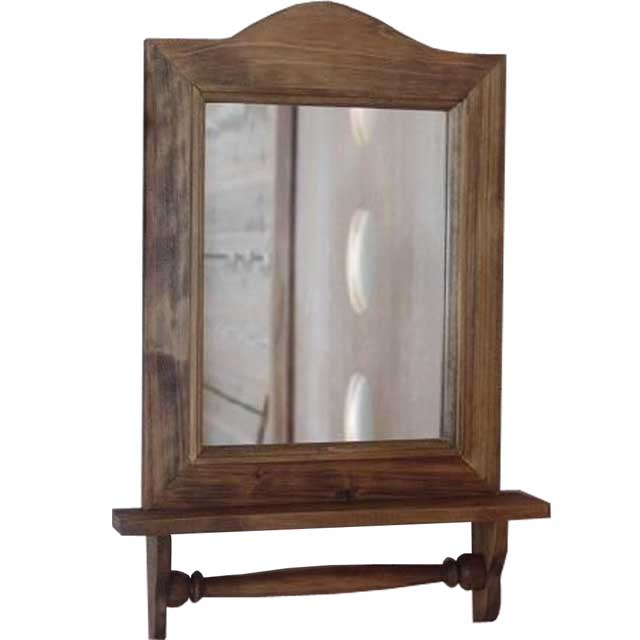 アンティークブラウン 木製シンプルミラーシェルフ ハンガー付き 鏡（32×46cm） オーダーメイド