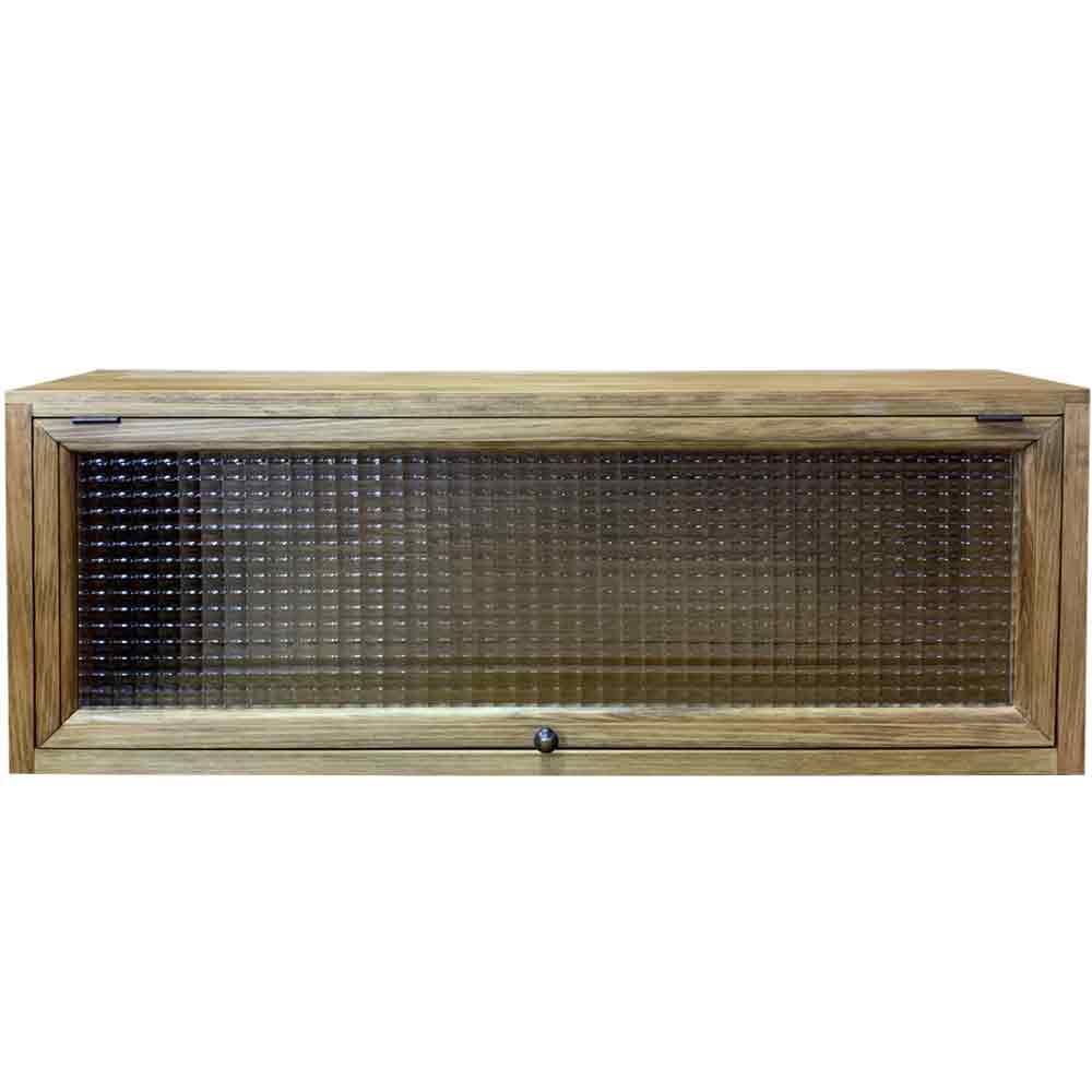 キャビネット 横型 78×19×29cm アンティークブラウン フラップアップ チェッカーガラス 真鍮つまみ 背板あり 木製 ひのき ハンドメイド オーダーメイド