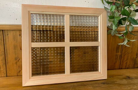 室内窓無塗装白木チェッカーガラス片面桟入り40x2x35cm木製ひのきハンドメイド受注製作