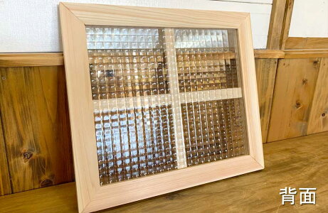 室内窓無塗装白木チェッカーガラス片面桟入り40x2x35cm木製ひのきハンドメイド受注製作