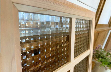 室内窓無塗装白木チェッカーガラス片面桟入り40x2x35cm木製ひのきハンドメイド受注製作