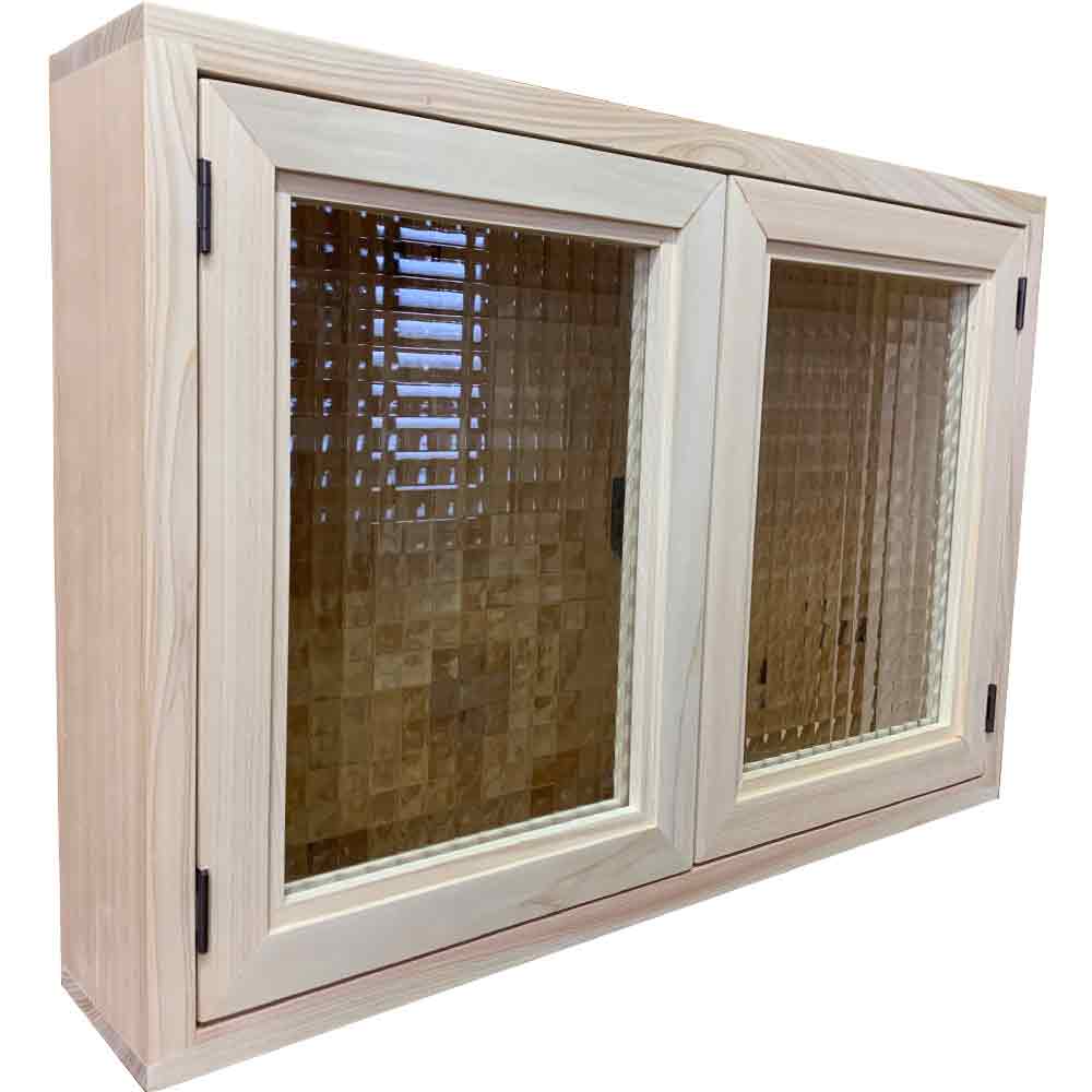 室内窓 チェッカーガラス 無塗装白木 60×10×40cm 扉厚み3cm アンティークゴールド真鍮取っ手 北欧 木製..