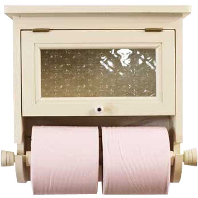 ダブルトイレットペーパーホルダー フローラガラス 2個取り付け アンティークホワイト w30d12h28cm スリム 木製 ひのき ハンドメイド オーダーメイド(3)