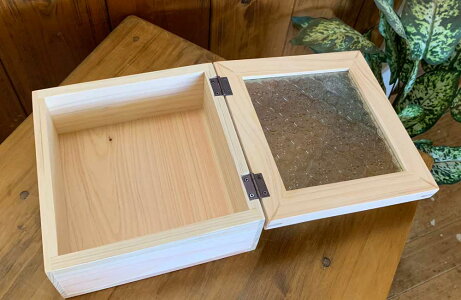 ジュエリーケースライトオークフローラガラスの小物入れ19.5×19.5×10.2cm木製ひのきハンドメイド受注製作