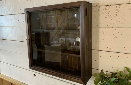 壁掛けコレクションケース透明ガラス扉三段棚40×10×40cmダークブラウン木製ひのき受注製作ID1072982