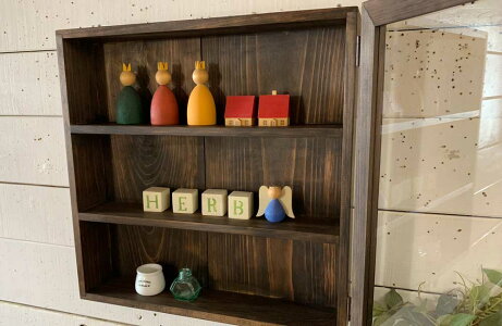 壁掛けコレクションケース透明ガラス扉三段棚40×10×40cmダークブラウン木製ひのき受注製作ID1072982